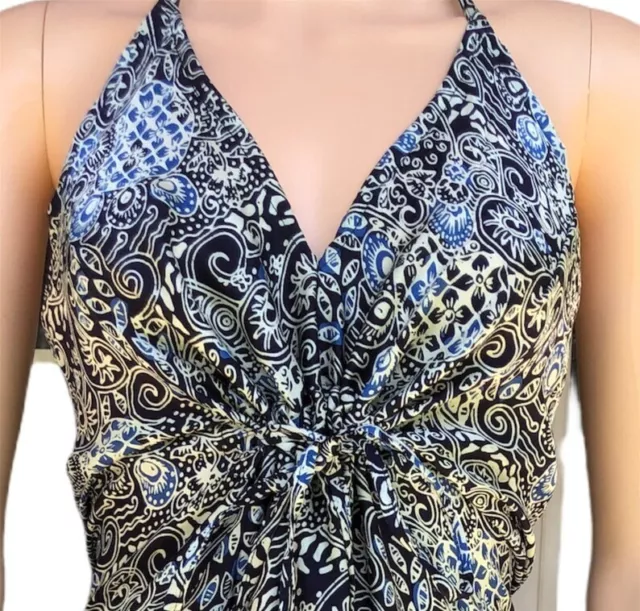 Silk Halter Blue Batik Dress | V Neck Asymmetric Flexible Waistline Sexy Dress