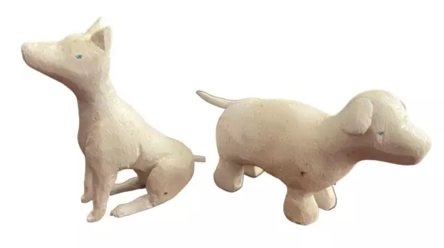 Miniature Wood Carved Dogs Lot White Folk Art Puppy Dog