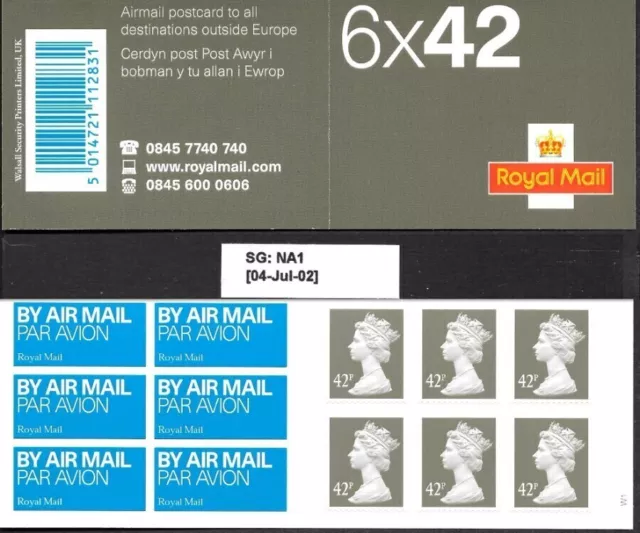 GB 2002 6 francobolli 42p. Autoadesivi, libretto codici a barre. S.G. NA1
