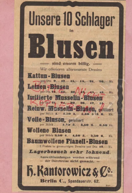 BERLIN, Werbung 1905, H. Kantorowicz & Co. Blusen