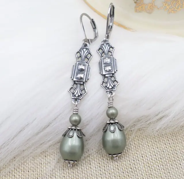 Sage Green Pearl Drop Earrings, Art Deco Jewelry, Dusty Green Bridal Jewelry