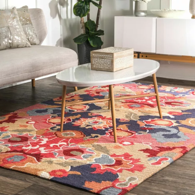nuLOOM Hand Made Contemporary Floral Abstract Area Rug in Red, Pink, Gray Multi