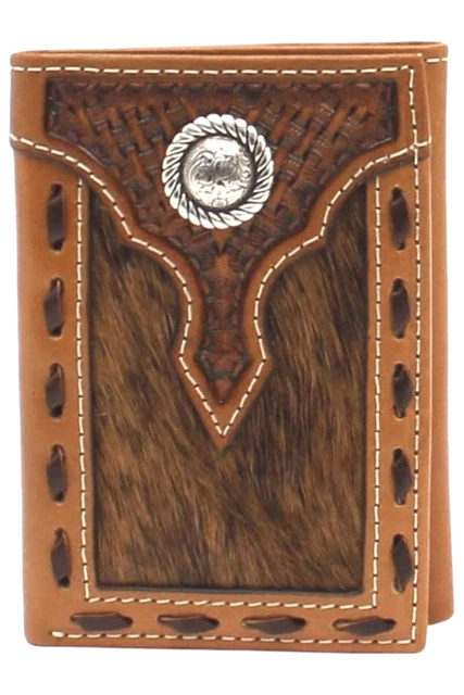 Ariat Mens Leather Basketweave Overlay Calf Hair Trifold Wallet