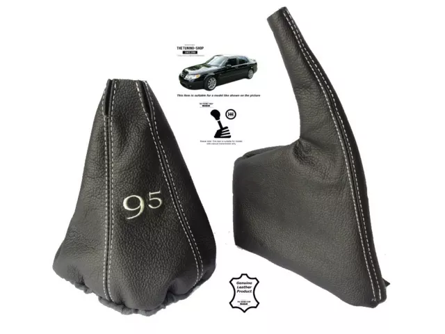 Gear & Handbrake Gaiter For Saab 9-5 1999-2010 Black Leather Grey Embroidery