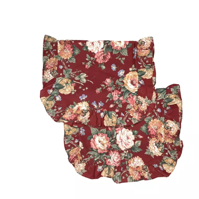 2 Vintage 70s Ruffled Pillowcases Shams Large King Red Floral Print Pair Cottage
