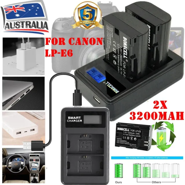 2X 3200MAh LP-E6 Battery + Charger for Canon EOS 5D 6D 7D 60D 70D 80D Mark III Q