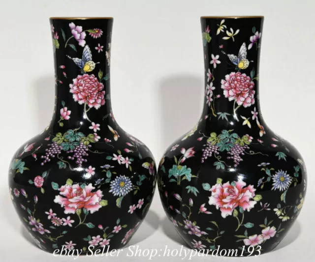 7.8" Yongzheng Chinese Black Glaze Famille rose Porcelain Flower Butterfly Vase