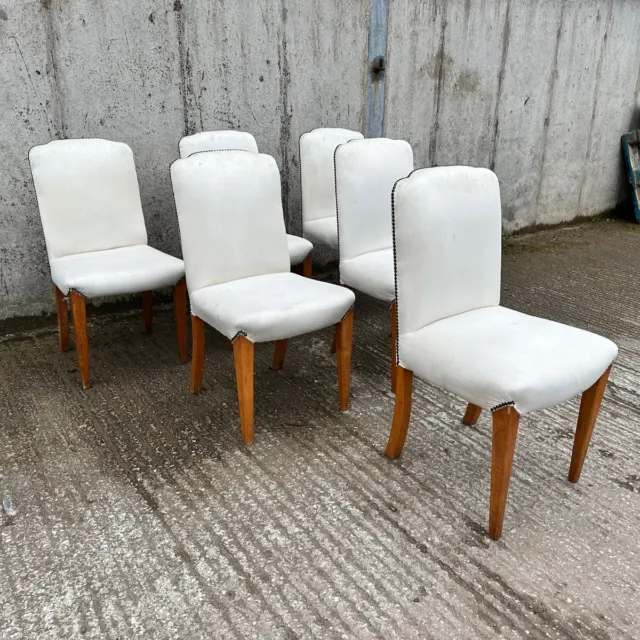 Six 6 English Art Deco Epstein Walnut Upholstered Dining Kitchen Chairs (c.1930) 3