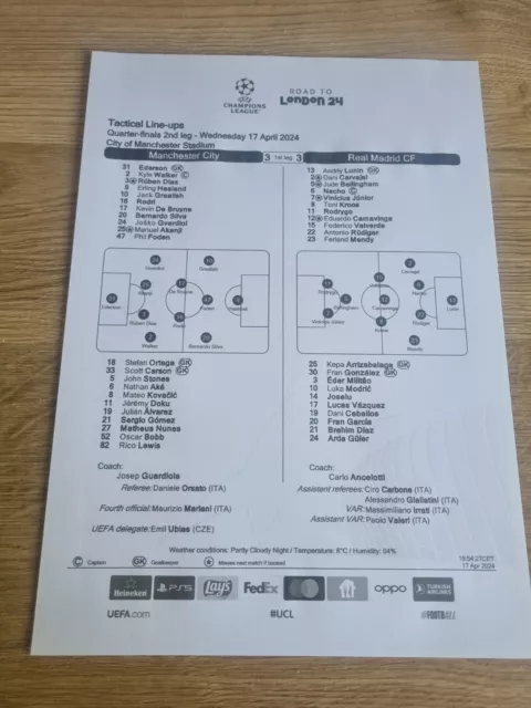 Manchester City v Real Madrid , 17/4/2024, Champions League QF, Team Sheet