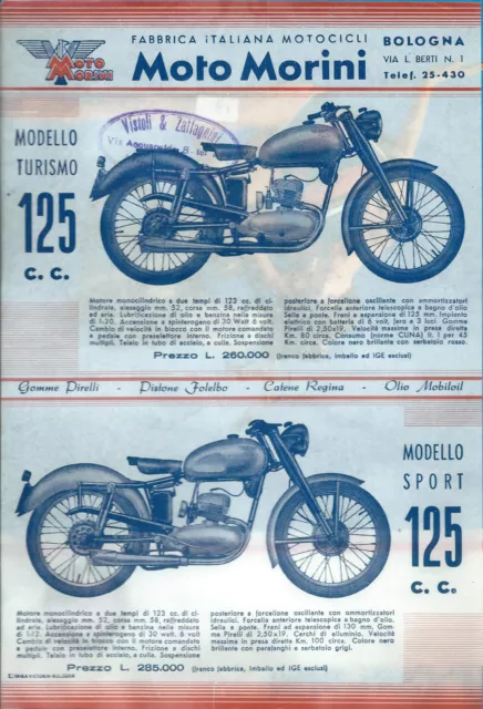 Volantino pubblicitario Moto Morini 125 cc. Turismo e Sport - 1947 Moto d'Epoca