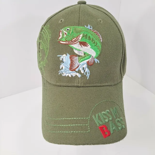 KISS MY BASS Fishing Baseball Cap Green Embroidered Fish Hat Adj Strap back  $10.50 - PicClick