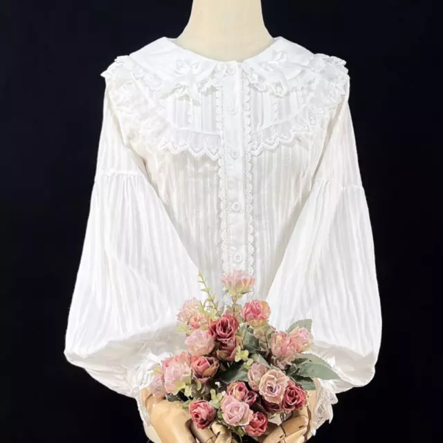 Donne Ragazze Camicia Lolita Camicetta Top con Balza Puff Maniche Stile Preppy