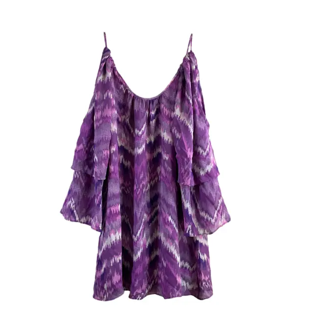 Parker Dress Size Medium Purple Wave 100% Silk Cold Shoulder Flowy Boho NEW