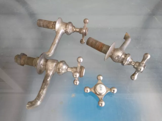 3 Antique Vintage Nickel On Solid Bras  Faucets &  Handle