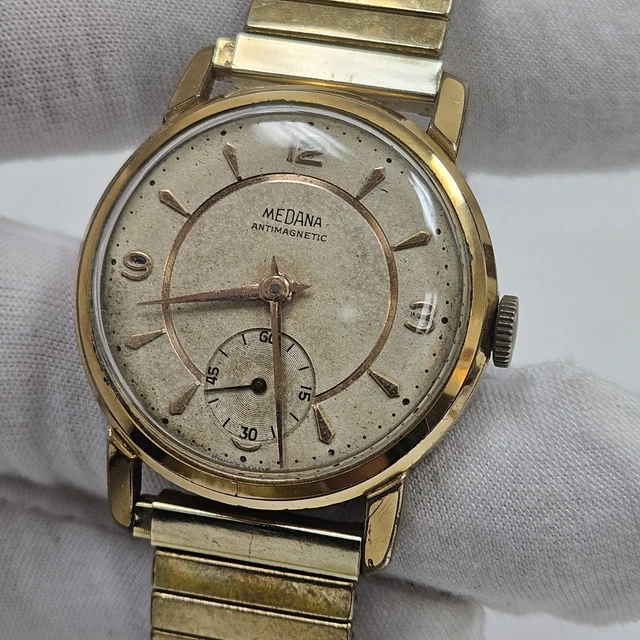 Montre Vintage Medana Mécanique Homme - Années 60 - Cadran Blanc, Boîtier Acier Argenté - Occasion TB état