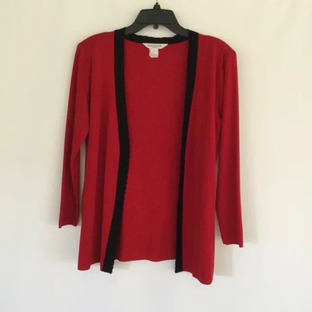 Exclusively Misook Knit Open Jacket Cardigan Size PS Long Sleeve Red Black Trim