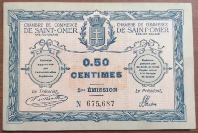 France Billet de Nécessité de 50 Centimes Ville De Saint-Omer 1914 Presque neuf