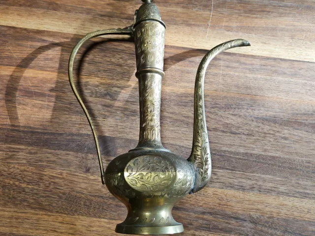 Vintage Brass Tea Water Pot Carafe Pitcher Floral Etched India Home Decor 13"