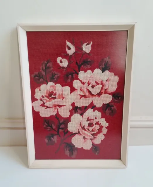 Vintage Framed Red Tapestry Needlepoint Picture Of A Bunch Of Roses 35cm X 48cm
