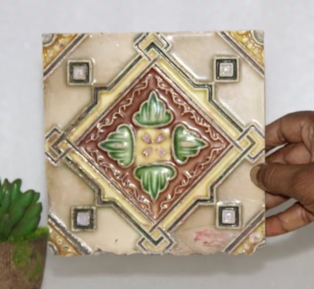 1940s Vintage Architecture Furniture Tile 2 Pc Floral Majolica Art Nouveau Japan