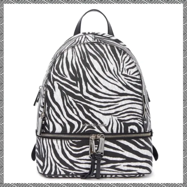 Nwt Michael Kors Rhea Zip Medium Backpack Black White Logo Zebra Travel Bag