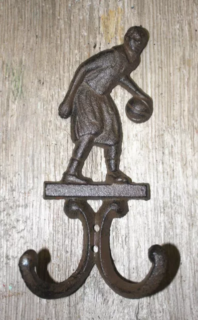 3 Cast Iron Antique Style BASKETBALL PLAYER Coat Hooks Hat Hook Rack Towel Ball
