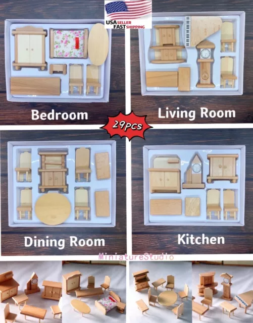 1/24 Dollhouse Miniature 4 Boxes Totally 29PC Unpainted Wooden Furniture Set Toy