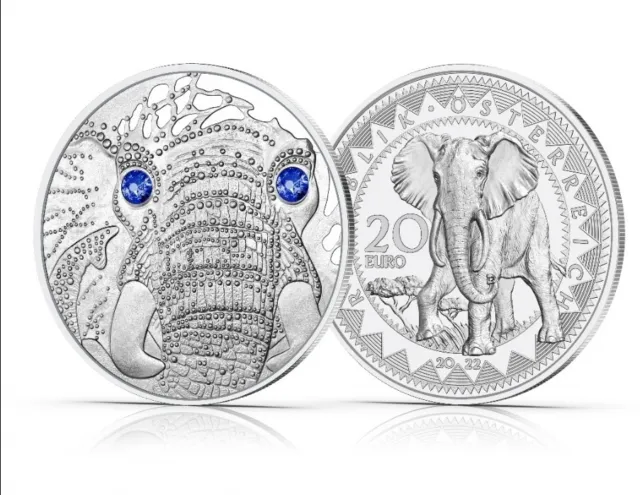 Coffret 20 Euros Argent Autriche 2022 - Elephant Swarovski BE Proof