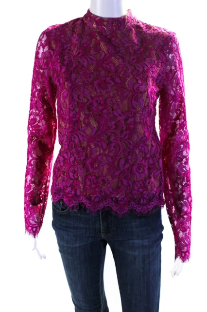 Majorelle Womens Lace Overlay Floral Print Mock Neck Blouse Hot Pink Size XS