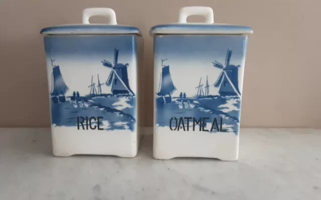 Set Of 2 Vtg Ditmar Urbach Czech Ceramic Canisters. Blue Windmill 7 1/2" high