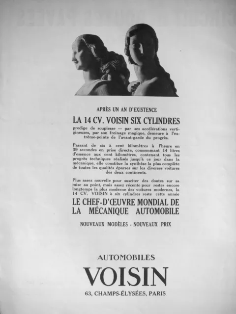 Publicité De Presse 1927 La 14 Cv Voisin Six Cylindres Le Chef D'oeuvre