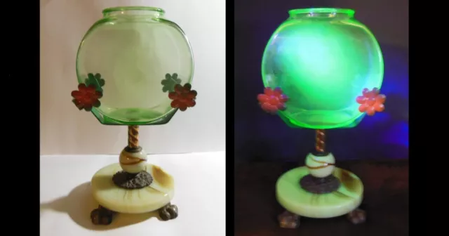Vintage Uranium Glass Fish Bowl &  Houze Agate & Metal Stand, Very Rare!