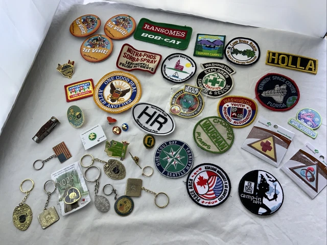 Vintage And Modern Junk Drawer Lot Buttons Pins Keychains Patches