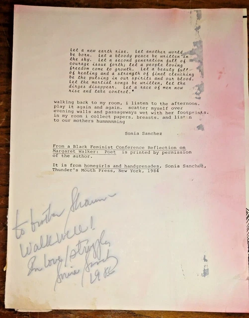 Sonia Sanchez SIGNED & INSCRIBED Black Feminist Conference Margret Walker Poem