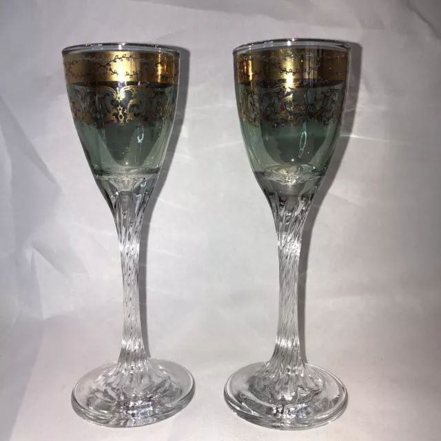 2 Moser Style Bohemian Glasses Green w/ Gold Gilt Crystal Cordial French Regency