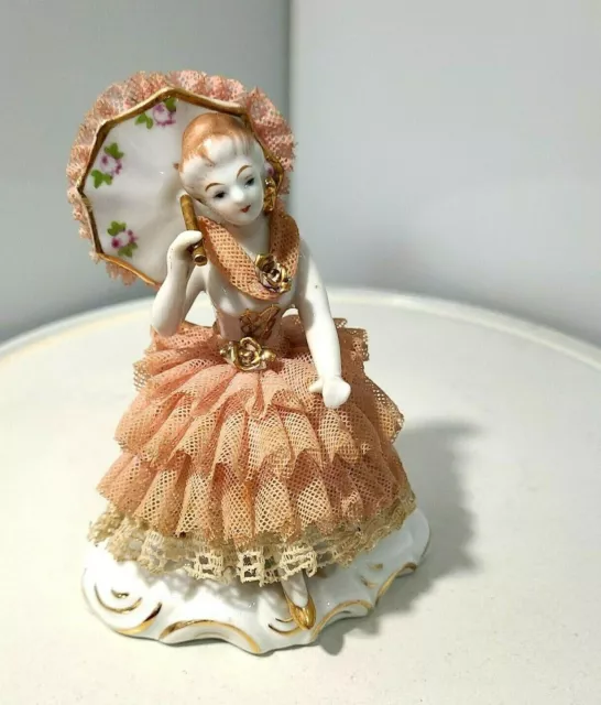 Vintage Dresden Style Japan Porcelain/Lace Lady with Parasol Figurine