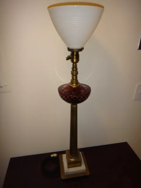 Antique Art Deco Lamp Milk Glass Shade Cranberry Crystal Cut Clear Marble Base 2