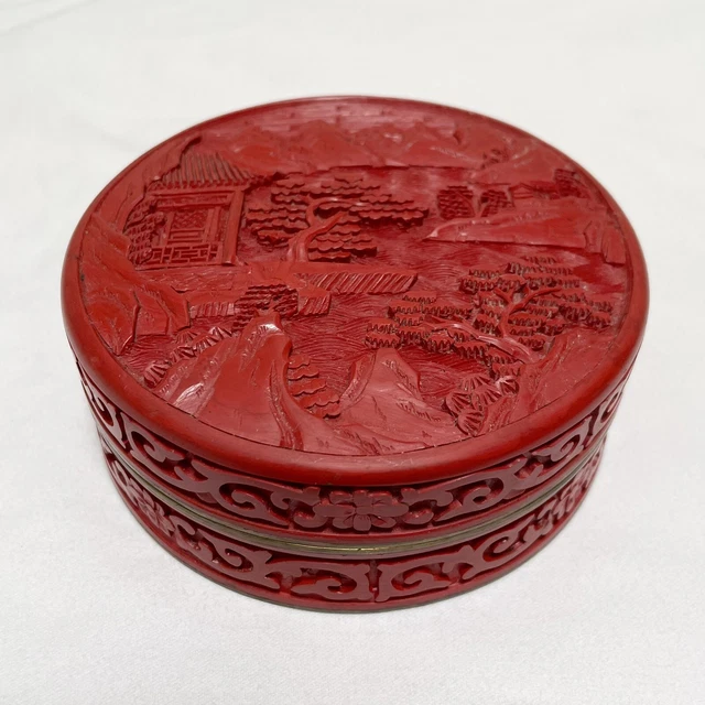 Antique 4” Chinese Cinnabar Carved Lacquer Round Lidded Circular Box Landscape