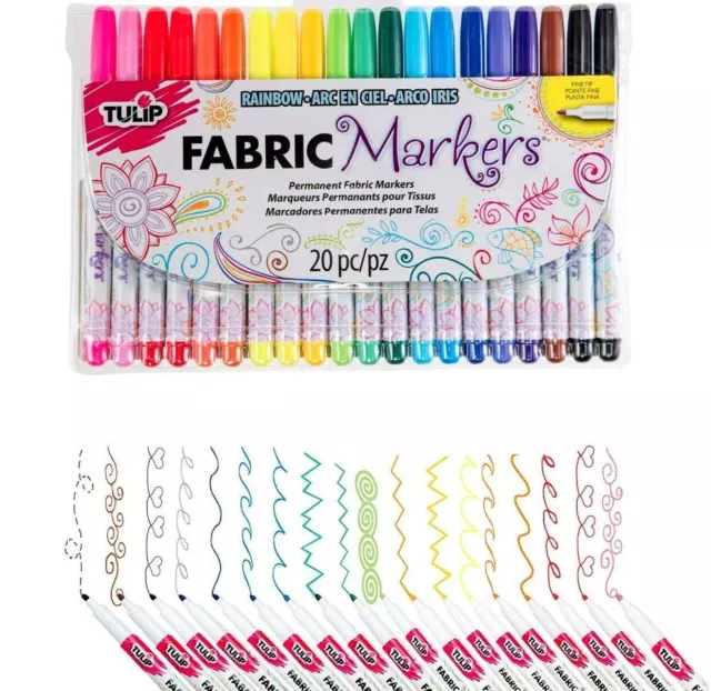 20 Brilliant Colours! TULIP Permanent Fabric Paint Markers Pens Set Paints Dye