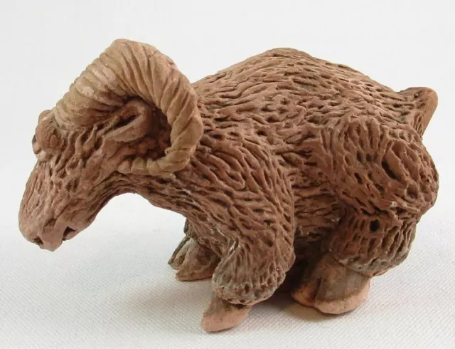 Sandstone (?) Handcrafted Rustic Carved Ram Goat Figurine, Signed DJ