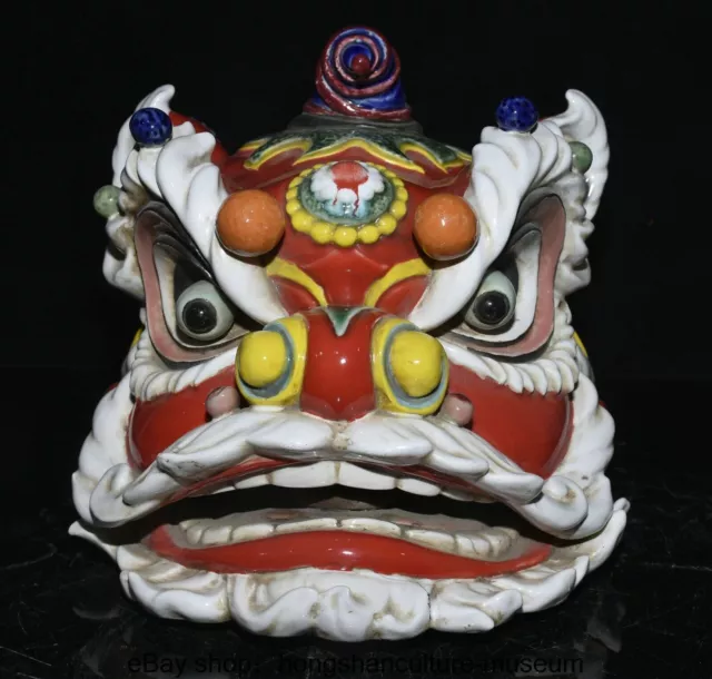 10 " Old Chinese Wucai Shiwan porcelain Carved Exquisite Lion Dance Head Statue