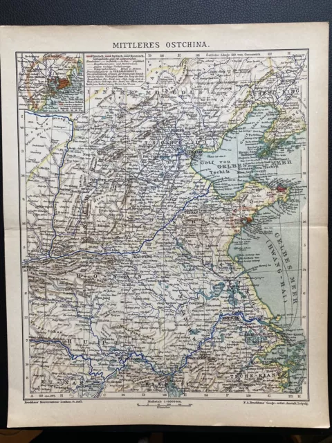 antike historische Landkarte Mittleres Ost China ca. 1904 inkl. Tsing Tao