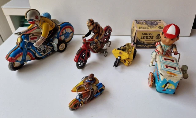 Lot de Moto side-car mécanique à clé jouet ancien en tôle joustra chine