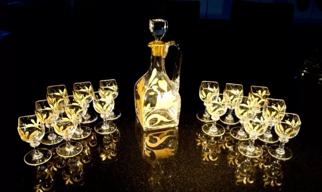 Stunning French Art Nouveau Heavy Crystal Gilt Decanter And 16 Glass Drinks Set