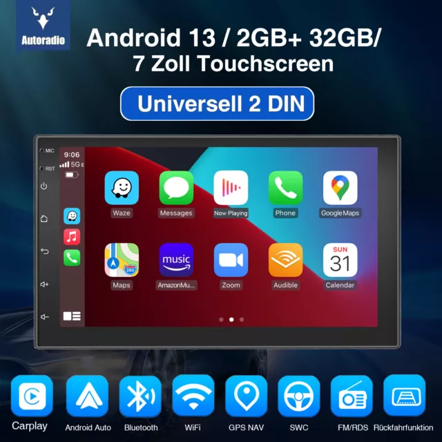 DAB+ 7" Android 13 Carplay Autoradio Bluetooth GPS 2DIN 2+32G Rückfahrkamera MIK 2