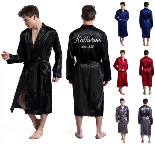 Personalized Mens Satin Silk Pajamas Kimono Robe Dressing Gown Pjs Loungewear