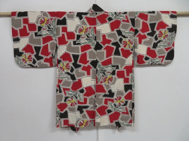 1409i09z520 Vintage Japanese Kimono Silk MEISEN HAORI Black Flower