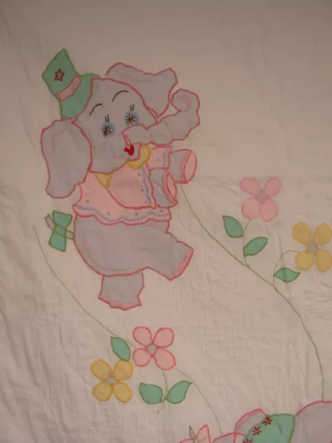Appliqued Baby Quilt Elephants Flowers Sun Pastels Embroidery Crib Size Homemade