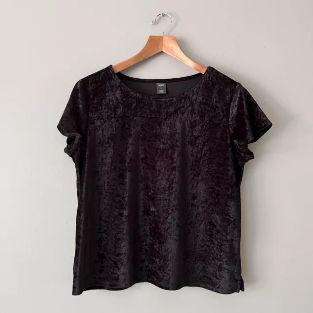 City Streets Black Crushed Velvet Short Sleeve Round Neck Stretch Top Size L