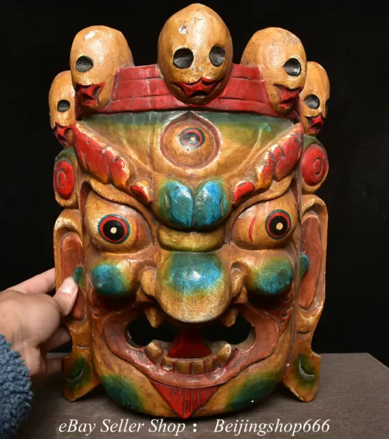 13.6" Old Chinese Lacquerware Wood Painting Skull Mask Wall Hang Statue